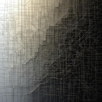 The primary subject of the image is a large, intricate pattern made up of many small squares. The pattern is displayed on a gray background, giving it a modern and sophisticated appearance. The visual style of the image is a combination of digital art and illustration, creating a unique and eye-catching design. The colors and mood of the image are predominantly gray and black, with a touch of white, giving it a sleek and contemporary feel.